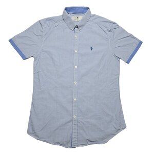 Father Sons Shirt Mens Small Blue White Striped Short Sleeve Button Up Logo‎